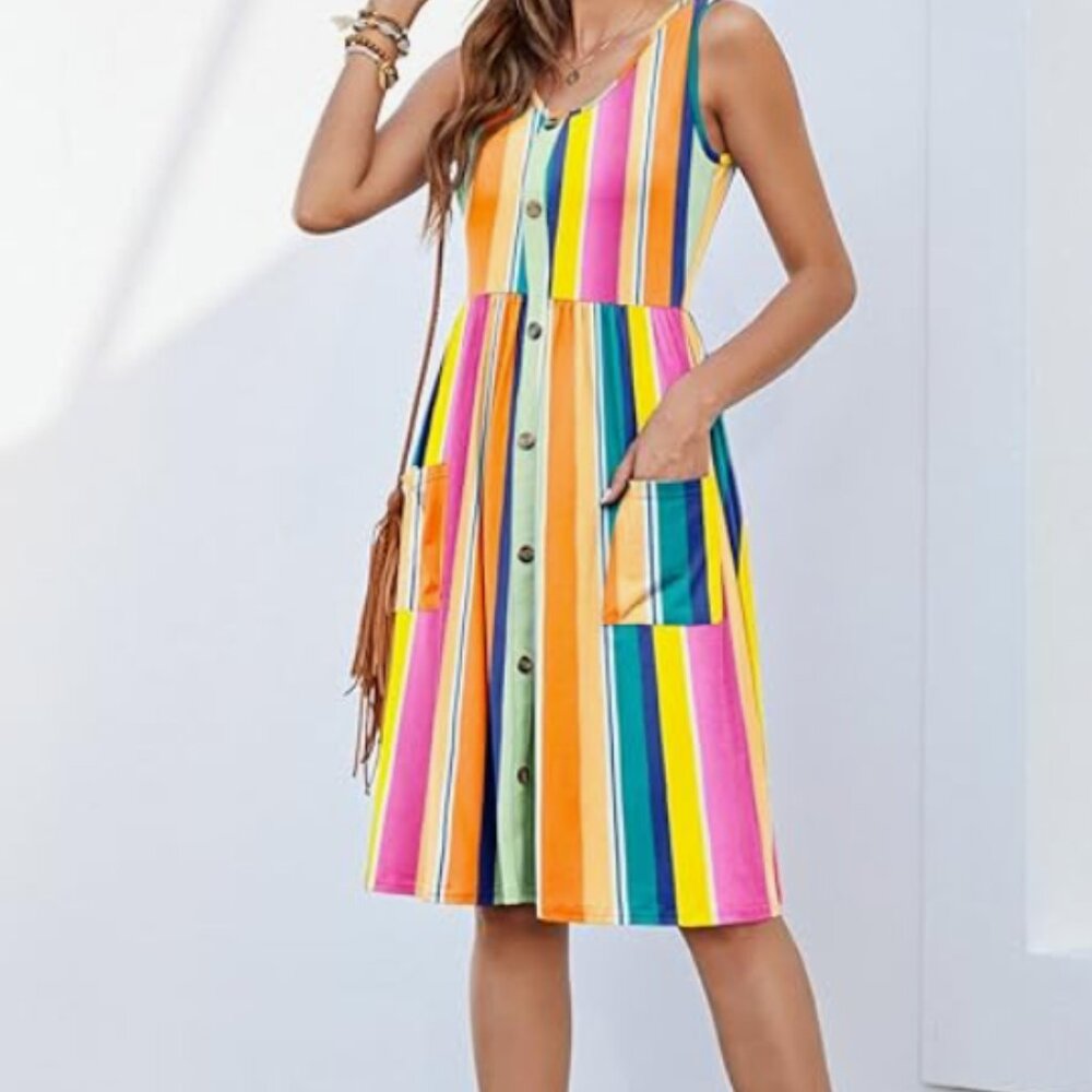 MOLERANI Women's Sleeveless Midi Dress with Pockets - Size Large - Multi Stripe